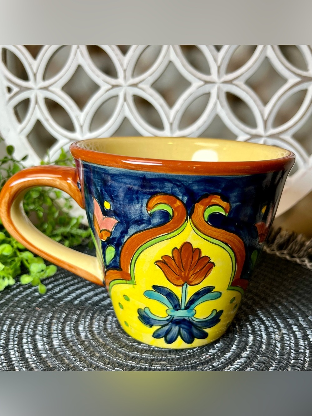 Hand-Painted Ceramic Mug in Yellow & Blue - Decorative Floral Design